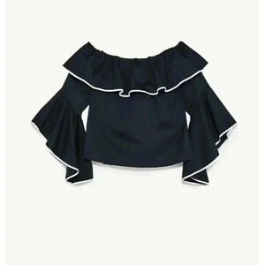 Zara Basic Women's Long Bell Sleeve Ruffle Blouse Size Small Black White